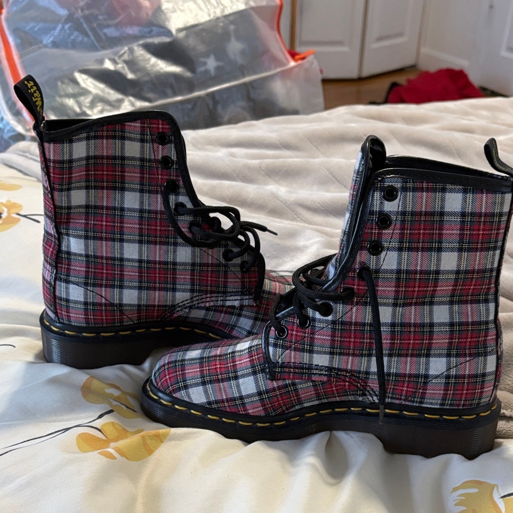 Dr. Martens Red and Black Plaid Boots